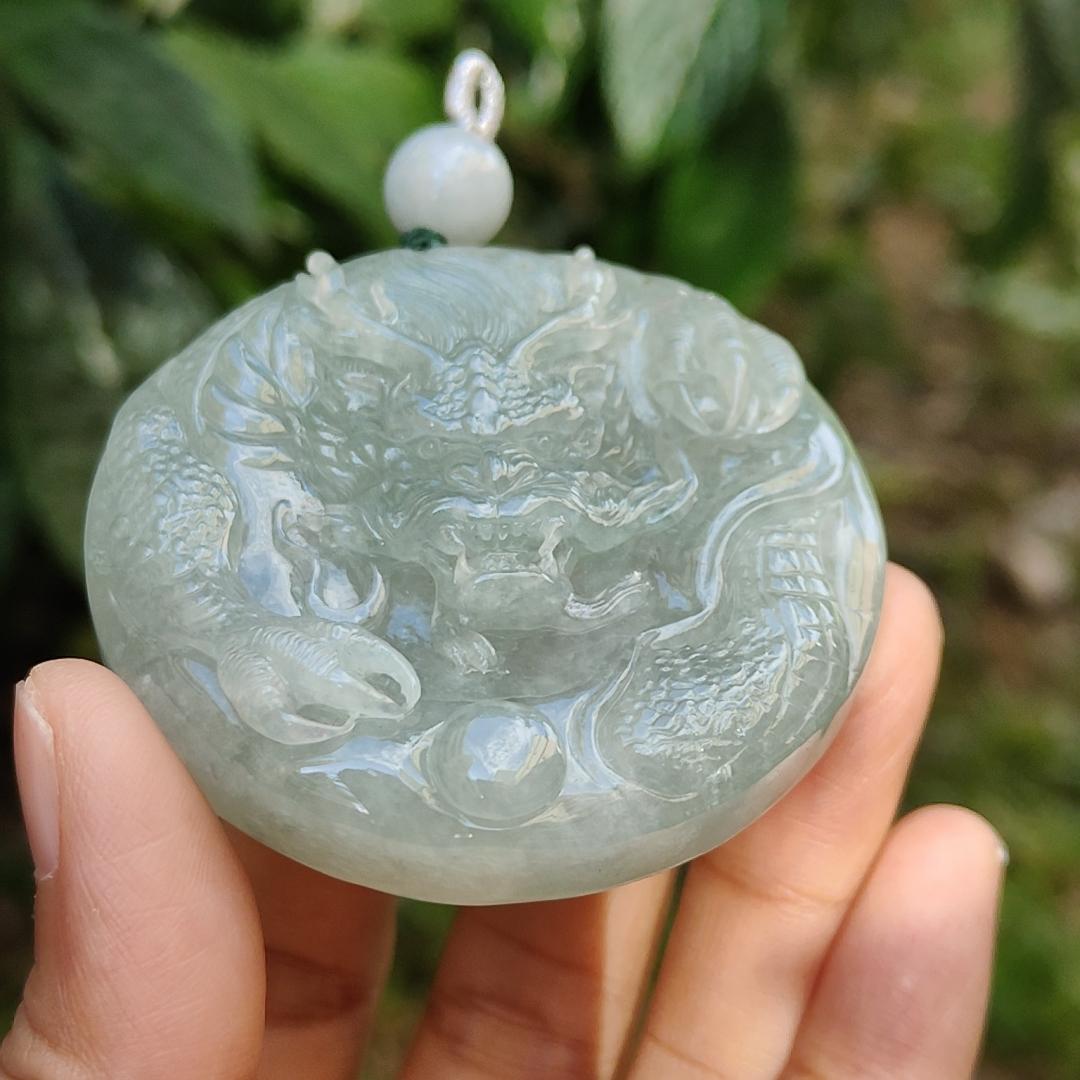 Premium Full Light Green Natural Type A Jadeite Jade Pendant Necklace crafted with Dragon with good glossy shines, certificate included weigh 77.81 grams, 55.5 * 55.5 * 13.8 mm (pendant169) Yi Pin Qian