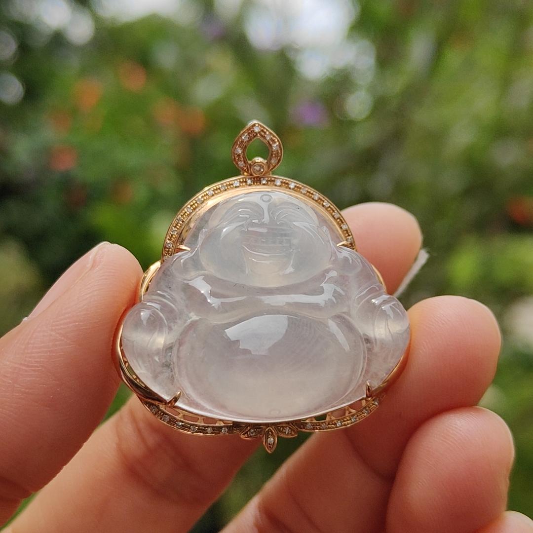 Icy Translucent Natural Type A Jadeite Jade crafted as Milo Buddha set on 18k gold with diamonds as Pendant Necklace, certificate included weigh 9.62 grams, 37.6 * 33.8 * 10.8 mm (18kp13) Yi Pin Qian