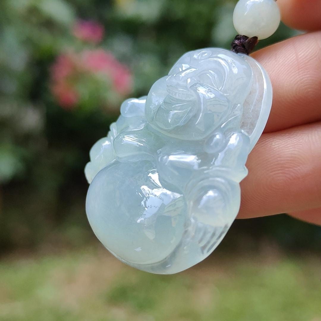 Premium Quality with good density and light green bluish hue Natural Type A Jadeite Pendant Necklace crafted with Laughing Buddha, certificate included weigh 17.14 grams, 36.7 * 34.2 * 8.7 mm, a good collection or for your daily wear (pendant32) Yi Pin Qian