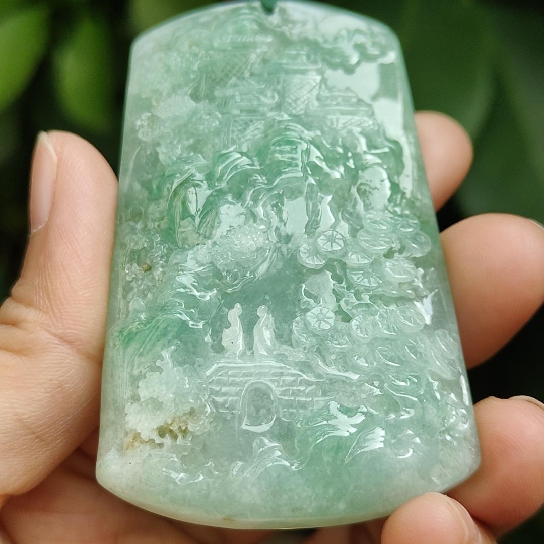 Crafted with Sceneries Pendant on Light Green Natural Type A Jadeite Jade, certificate weighs 63.08 grams, measurement 68.5 * 41.1 * 10.7 mm (pendant350) Yi Pin Qian Jadeites Jade Jewelry ~Your Precious Quintessential ~ Singapore