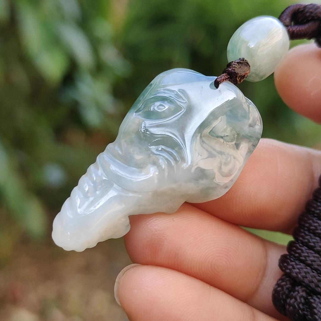 Very Rare Semi Icy Light Green Patches Natural Type A Jadeite Jade crafted with Elephant as Pendant, certificate weighs 8.63 grams, measurement 33 * 19.1 * 8.8 mm (pendant244) Yi Pin Qian