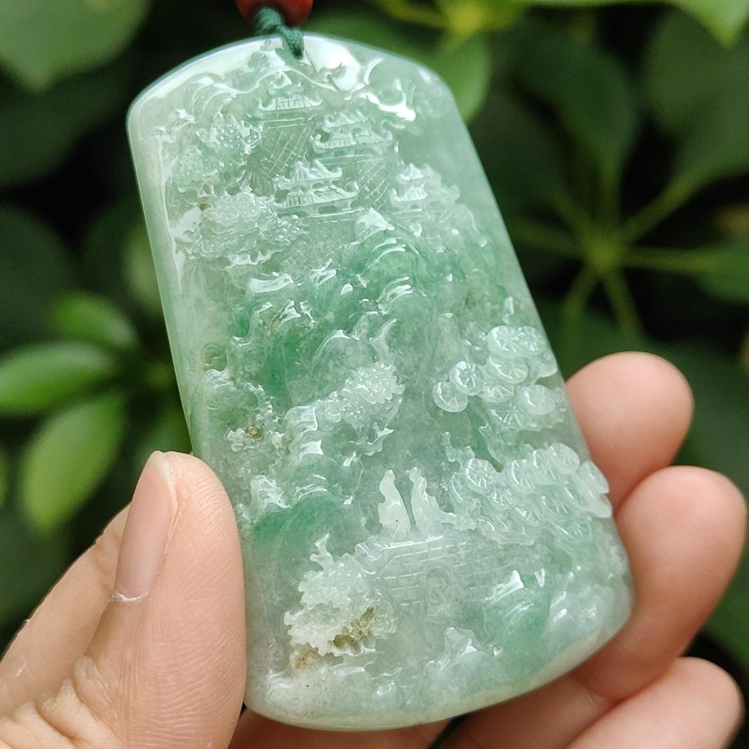 Crafted with Sceneries Pendant on Light Green Natural Type A Jadeite Jade, certificate weighs 63.08 grams, measurement 68.5 * 41.1 * 10.7 mm (pendant350) Yi Pin Qian Jadeites Jade Jewelry ~Your Precious Quintessential ~ Singapore