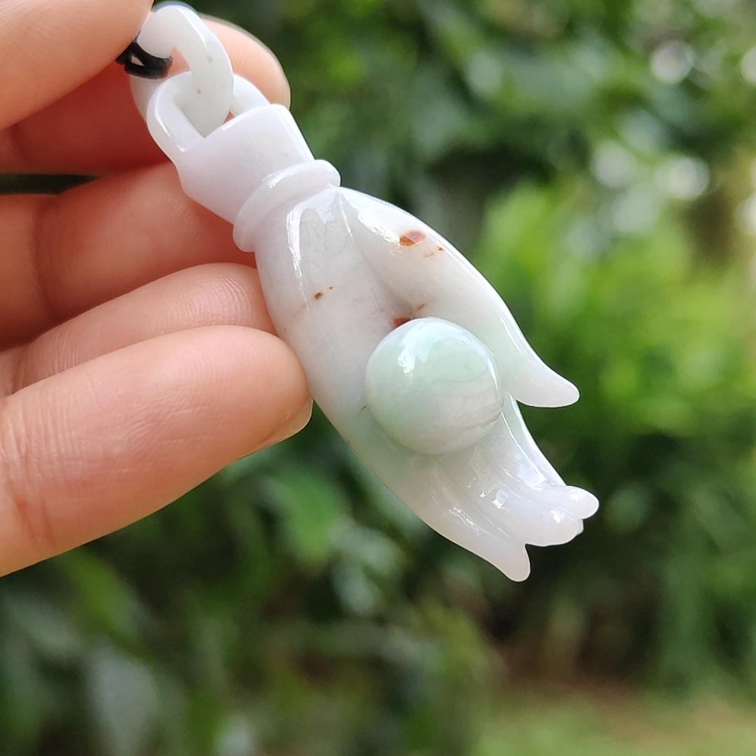 Light Green with Red patches Natural Type A Jadeite Jade crafted as Buddha Hand Pendant, QIC labs approved certificate weighs 15.32 grams, measurement 52.5 * 16 * 13.8 mm (pendant255) Yi Pin Qian