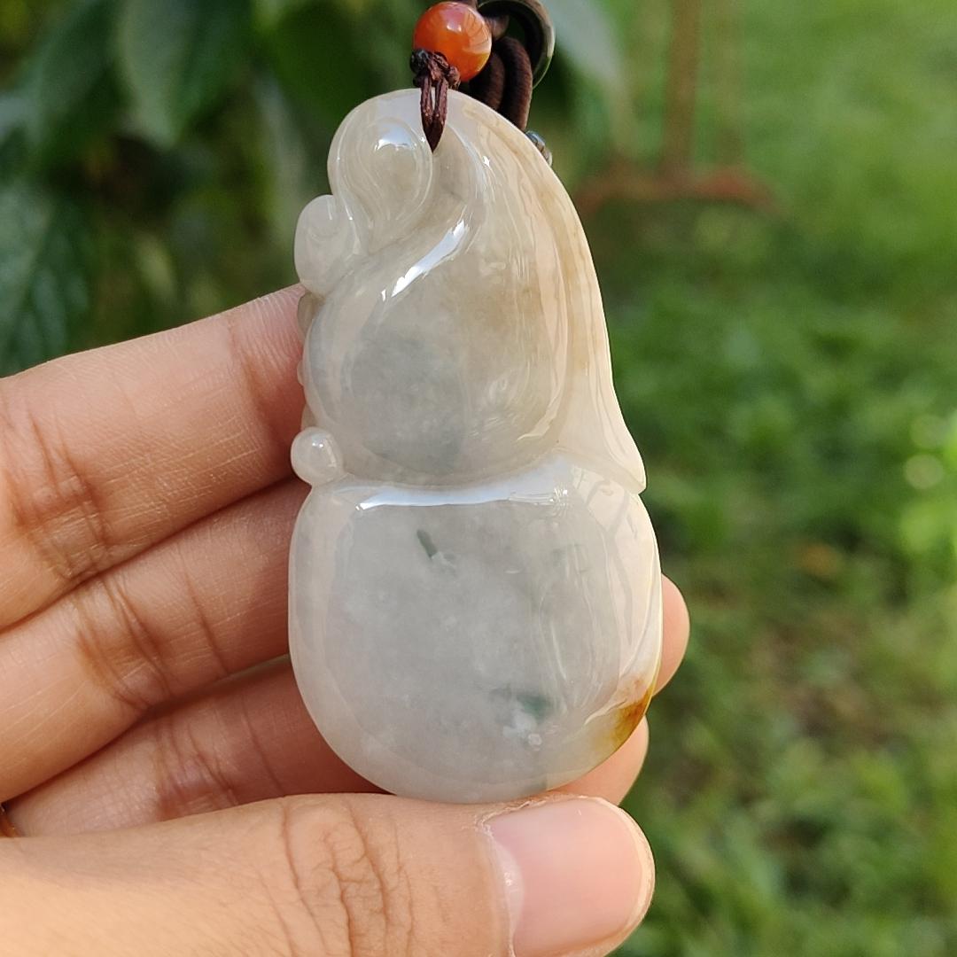 Another Excellent Old Collection with Yellow and Green Natural Type A Jadeite Jade Pendant Necklace crafted as Gourd with two bats with certificate weigh 34.42 grams, 55.5 * 29.5 * 12.3 mm (pendant173) Yi Pin Qian