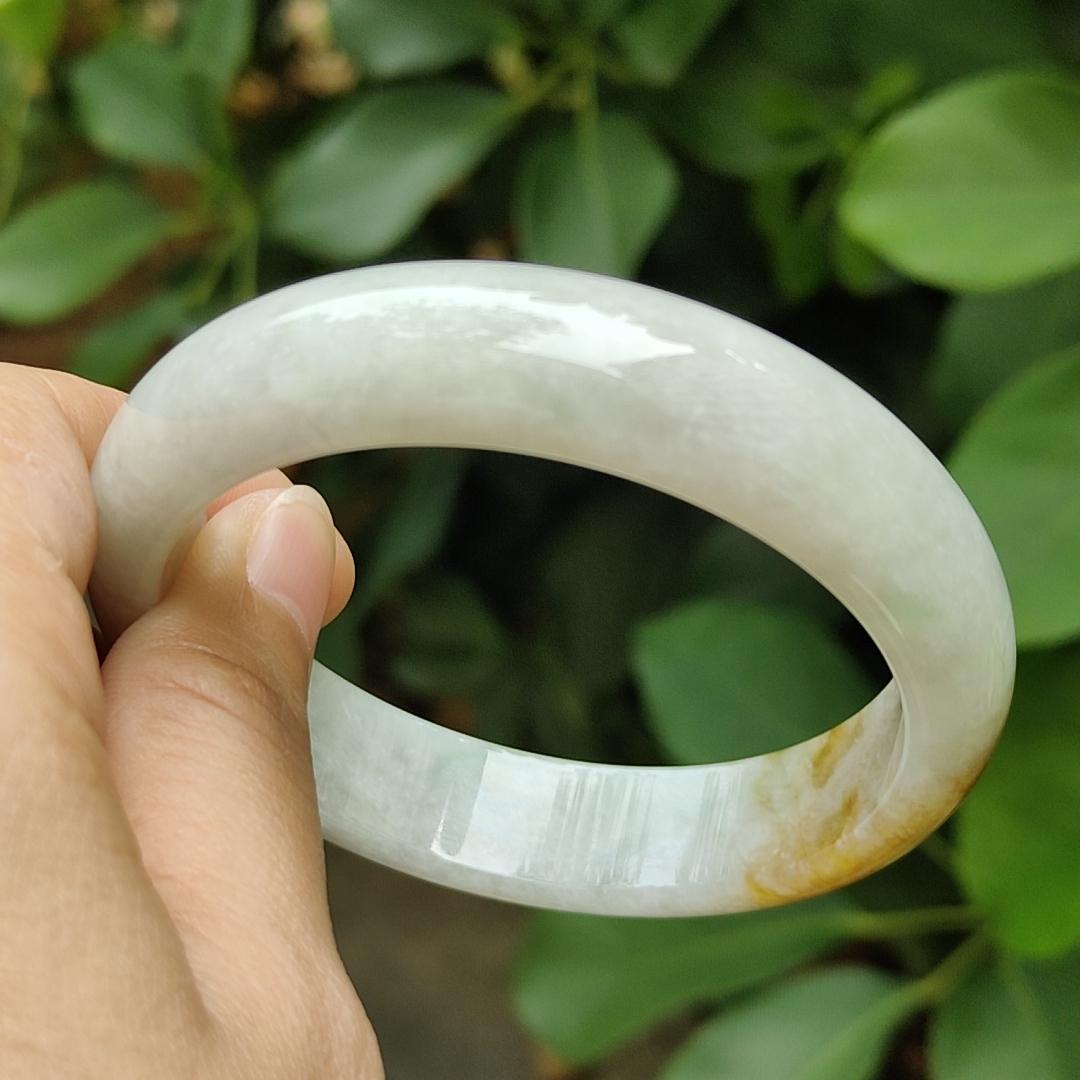 57.7 mm Crafted as Peace bangle on Burmese with light green hue and brown Natural Type A Jadeite Jade, certificate weighs 60.36 grams, Width 14mm, Thickness 7.5mm (bangle17) Yi Pin Qian Jadeites Jade Jewelry ~Your Precious Quintessential ~ Singapore