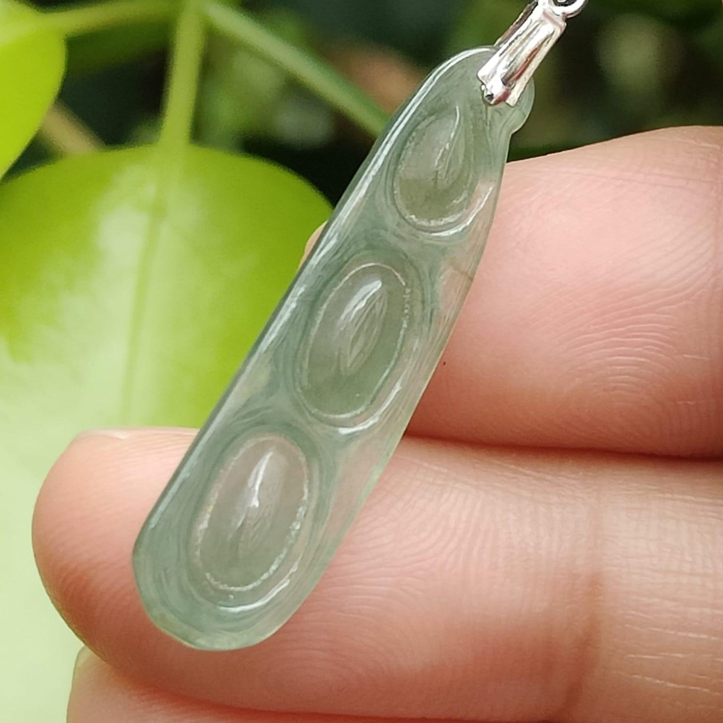 Icy Translucent Jadeite Triple Prosperity Bean Pendant – 18K Clasp, Light Green Hue (Sku: 18kp126)