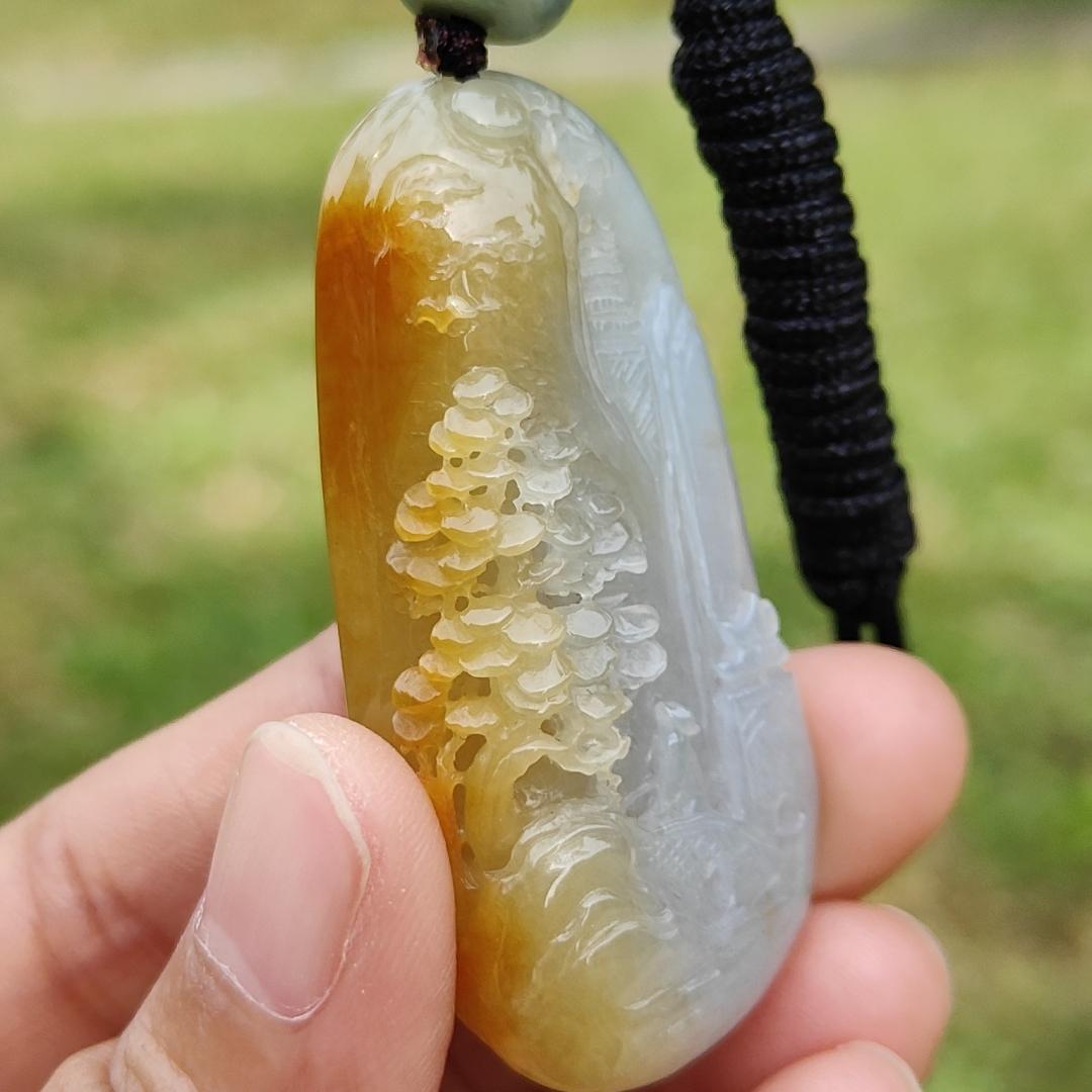 Beautifully crafted with sceneries on Yellow Natural Type A Jadeite Jade as a Pendant Necklace with certificate weigh 27.75 grams, measurement 52.1 * 25.7 * 12.7 mm (pendant206) Yi Pin Qian