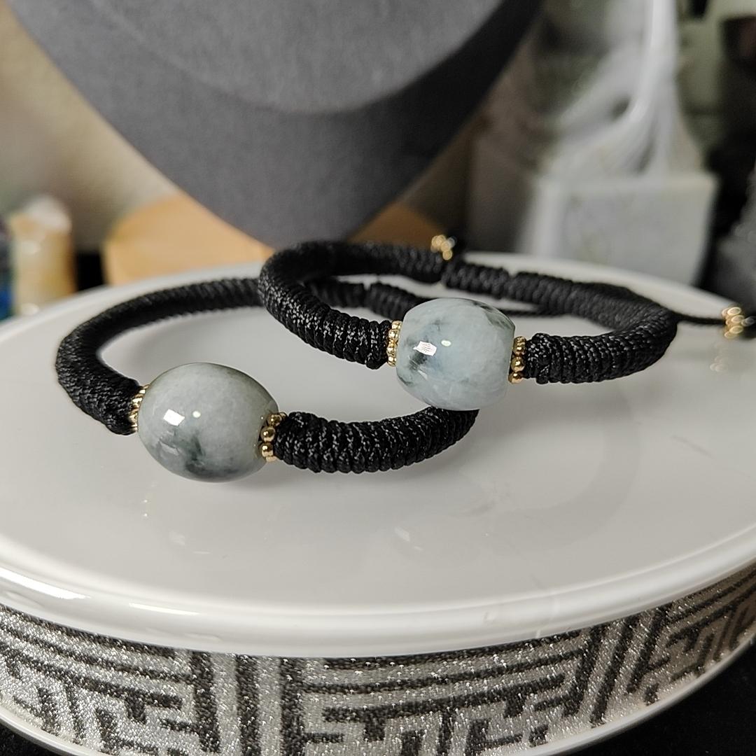 Diamond Knot Rope, hand knotted Rope, 13.8 * 14.2 and 14.6 * 14.2 Jadeite Lu Lu Tong Beads (No Certificate), selling in a pair (bracelet12) Yi Pin Qian