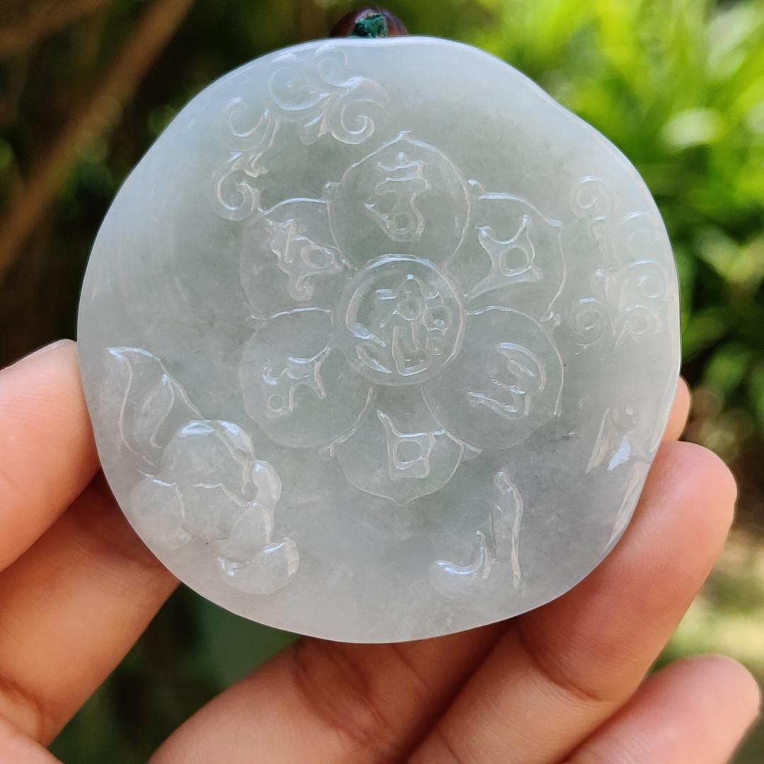 High Quality Light Green Hue Natural Type A Jadeite Jade crafted with Ksitigarbha Bodhisattva as Pendant, certificate weighs 70.75 grams, measurement 54.6 * 54.6 * 12.6 mm (pendant232) Yi Pin Qian