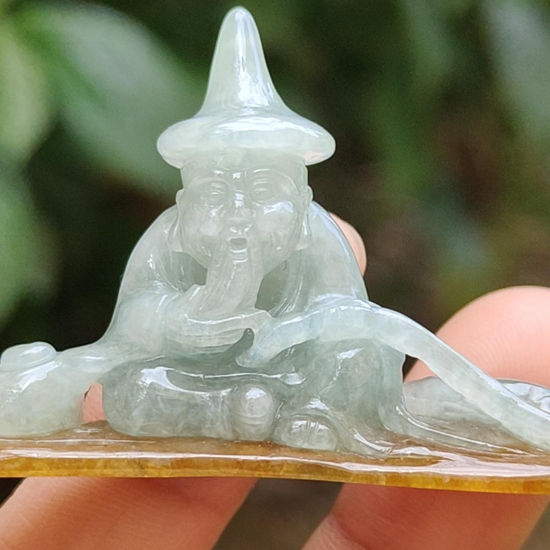 Light Green with Yellow Natural Type A Jadeite Jade crafted with Old Men Fishing as Display, certificate weighs 17.06 grams, measurement 65.2 * 32.8 * 12 (display1) Yi Pin Qian