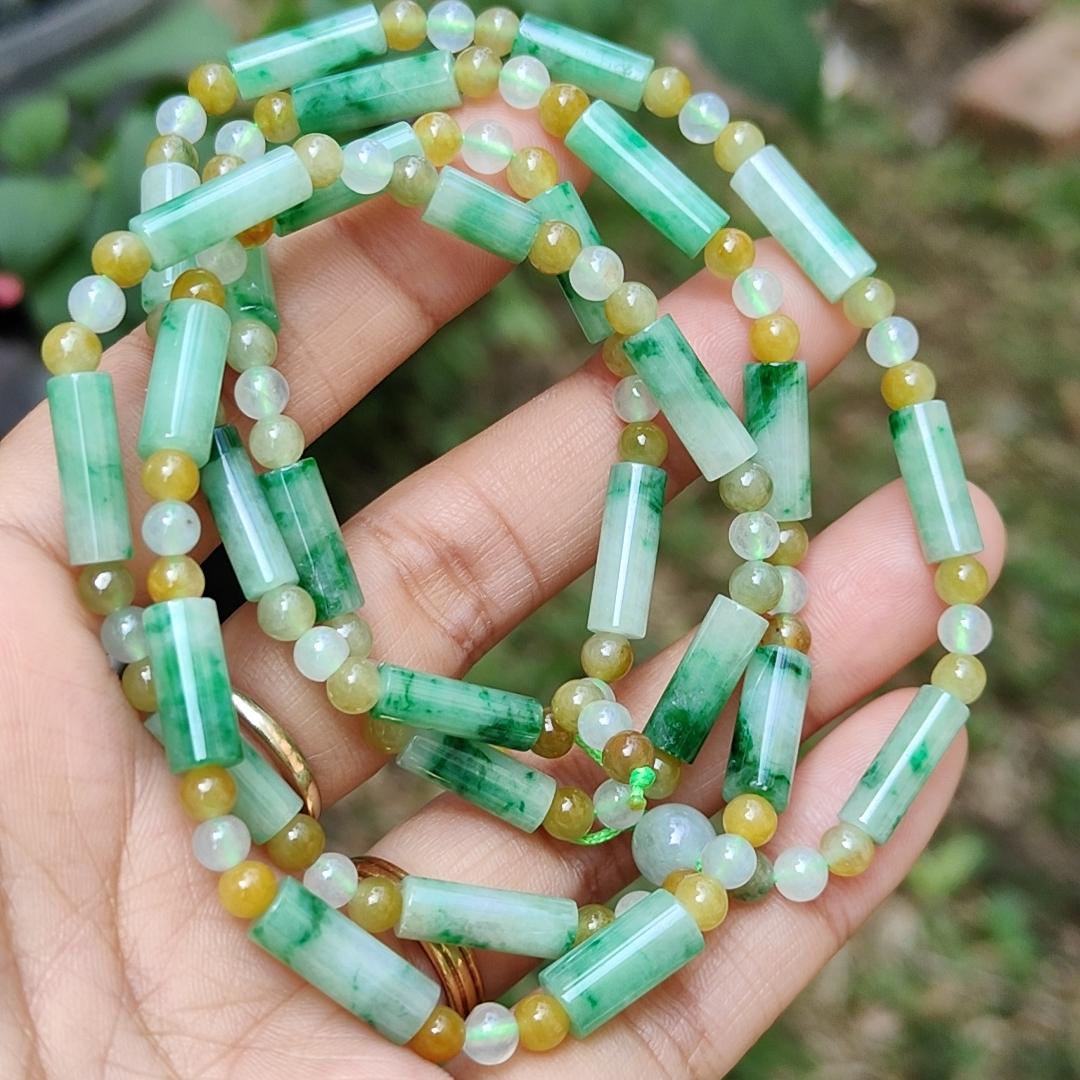 Green, Yellow, Semi Icy White Mix Beads Natural Type A Jadeite Jade as Bracelet or Necklace for your pendant with certificate weigh 31.94 grams. (bracelet18) Yi Pin Qian
