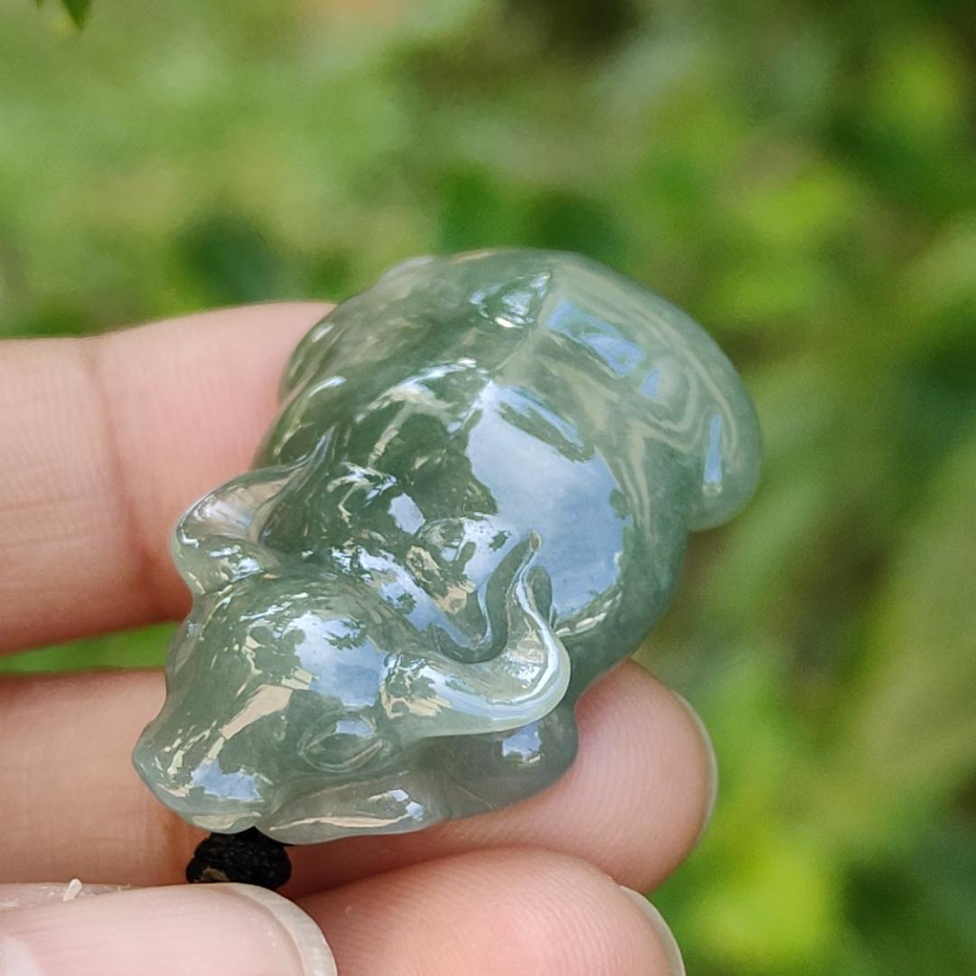Oil Green Natural Type A Jadeite Pendant carved as water buffalo representing Hardworking and Simple, Unstoppable, Strong and Healthy and Turn the Tide, certificate include weighs 14.56 grams, 34.6 * 23.6 * 11.5 mm, suitable for daily wear (pendant80) Yi Pin Qian
