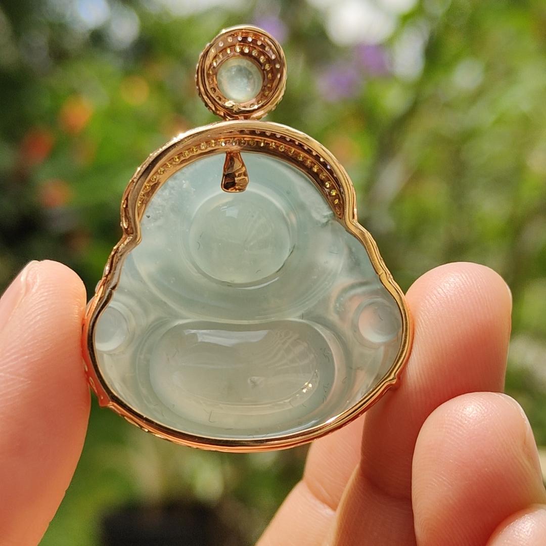 Icy Light Green Natural Type A Jadeite Jade Pendant crafted as Milo Buddha set on 18k gold with 1 icy cabochon and diamonds, certificate included weigh 13.8 grams, measurement 41.9 * 33.1 * 11.6 mm (18kp15) Yi Pin Qian