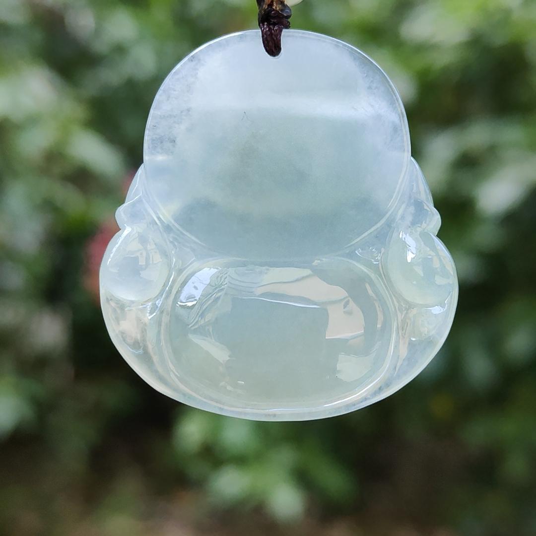 Premium Quality with good density and light green bluish hue Natural Type A Jadeite Pendant Necklace crafted with Laughing Buddha, certificate included weigh 17.14 grams, 36.7 * 34.2 * 8.7 mm, a good collection or for your daily wear (pendant32) Yi Pin Qian