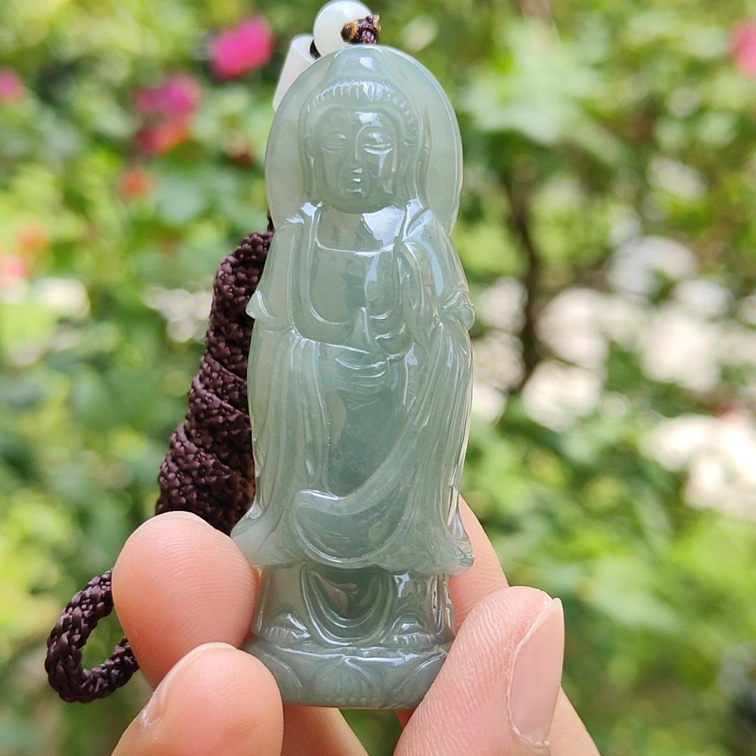 Good Quality Light Green Natural Type A Jadeite Jade crafted with standing Guanyin as Pendant, certificate weighs 31.45 grams, measurement 65.2 * 24.1 * 11 mm (pendant259) Yi Pin Qian