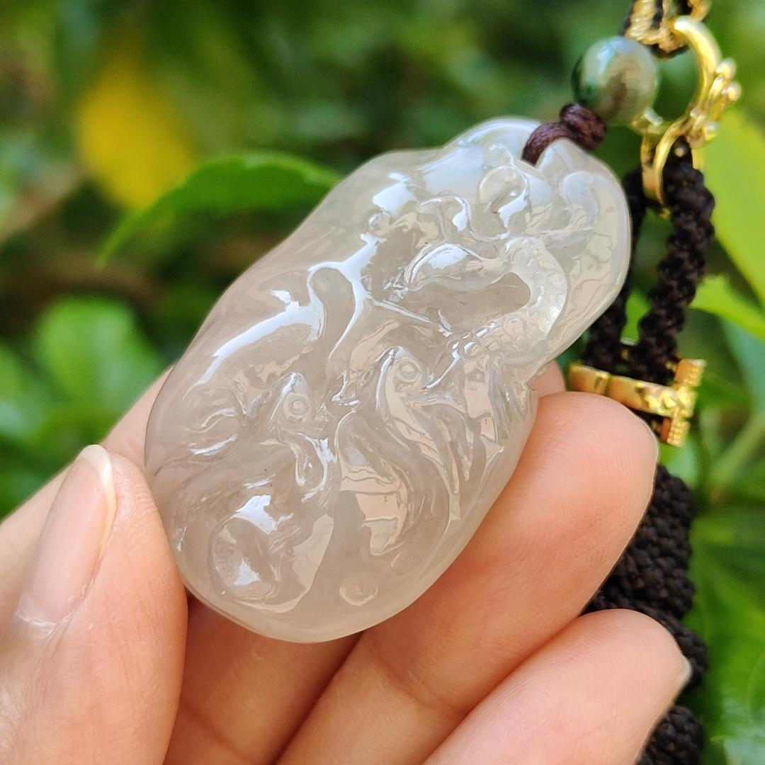 Premium High Quality Old Pit Natural Type A Jadeite Jade crafted with fish and Lotus as Pendant, certificate weigh 25.4 grams, measurement 44.2 * 28.5 * 12.3mm (pendant243) Yi Pin Qian