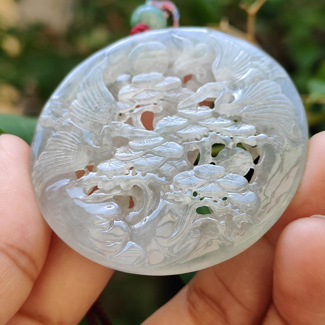 Highly Translucent Icy Natural Type A Jadeite Pendant Carved with Cranes, Pine Trees and Bamboo meaning Endurance, Perseverance and Never fading with Longevity, certificate included weighs 28.38 grams, 52.5 * 52.5 * 6.1 mm, for collection (pendant90) Yi Pin Qian