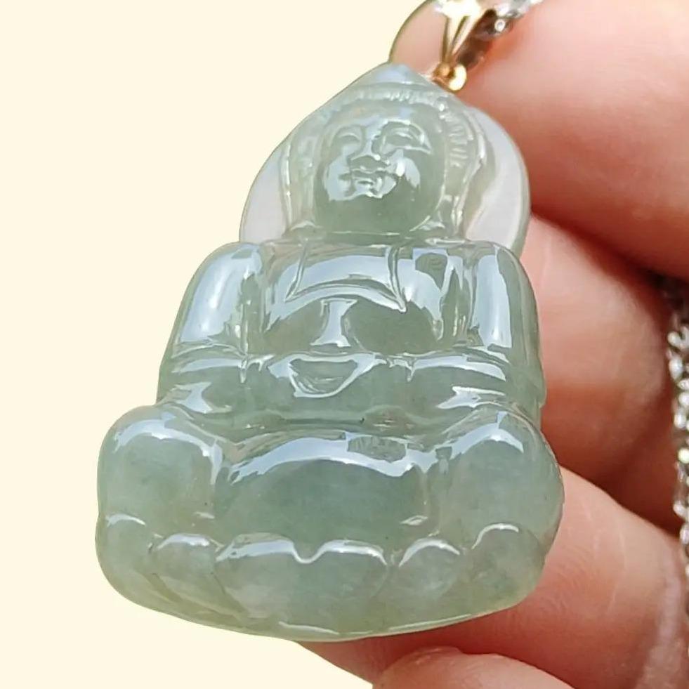 Light Green Good Translucent Natural Type A Jadeite Jade crafted with Guanyin 18k gold clasps as Pendant, certificate weighs 6.36 grams, measurement 32.2 * 21 * 5.8 mm (18kp49) Yi Pin Qian