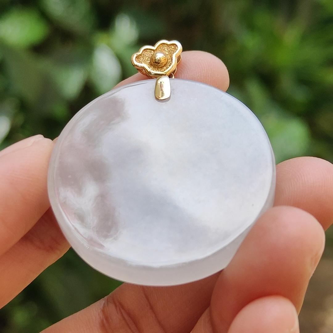 Mid-Year Special - Semi Icy Translucent Natural Type A Jadeite Jade crafted with round shape as Pendant with 18k Gold Clasp, certificate weigh 18.24 grams, measurement 35.2 * 5.5 mm (18kp32) Yi Pin Qian