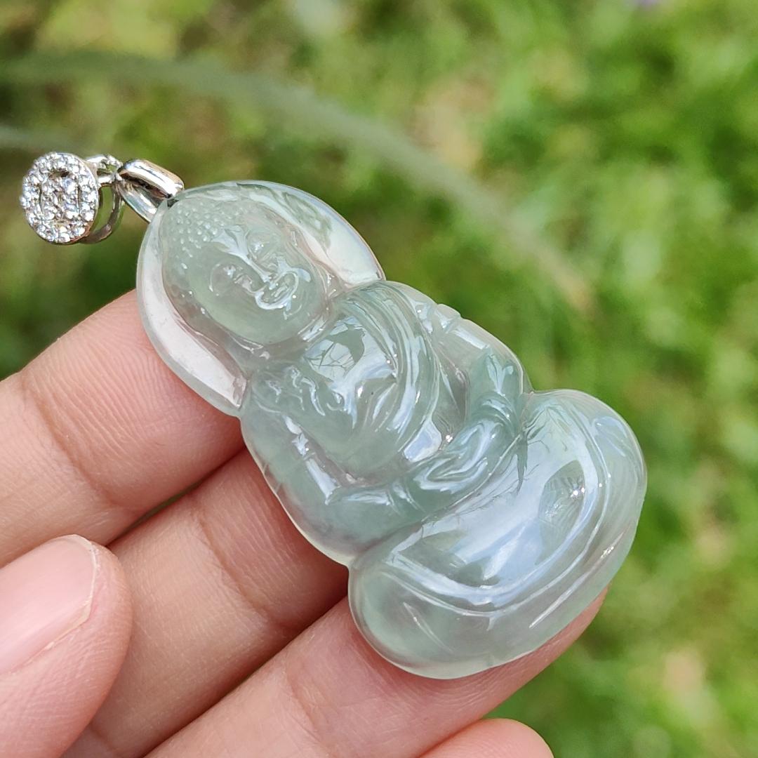Premium Icy Good Translucency Green Hue Natural Type A Jadeite Pendant Necklace crafted as Buddha with certificate weigh 8.65 grams, 42.5 * 23.8 * 5.8 mm, collectible jadeite suitable for daily wear Yi Pin Qian