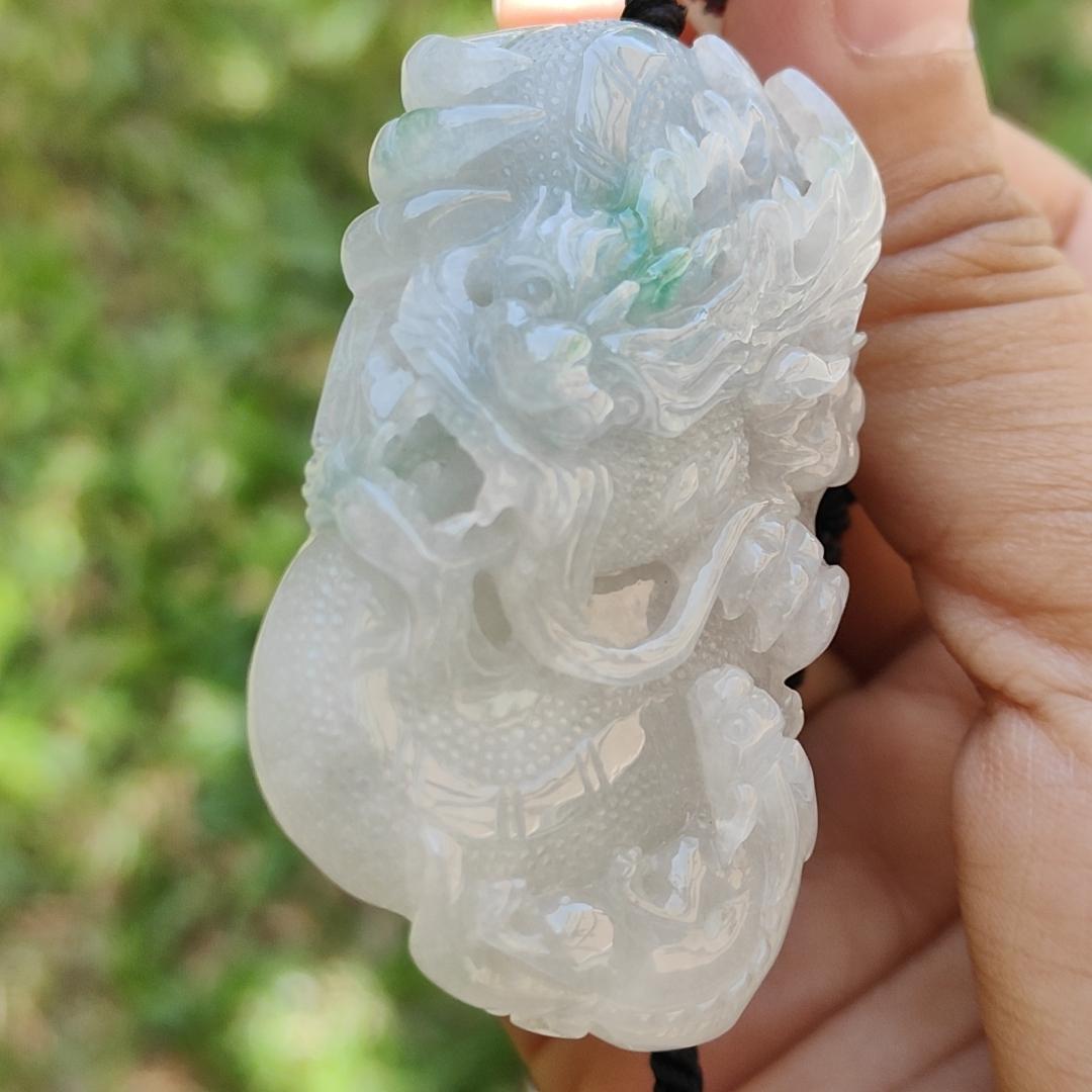 High Quality Semi Icy Translucent Light Green Light Lavender Natural Type A Jadeite Jade crafted with Dragon as Pendant, certificate weighs 35.24 grams, measurement 55.7 * 33.3 * 13.3 mm (pendant264) Yi Pin Qian