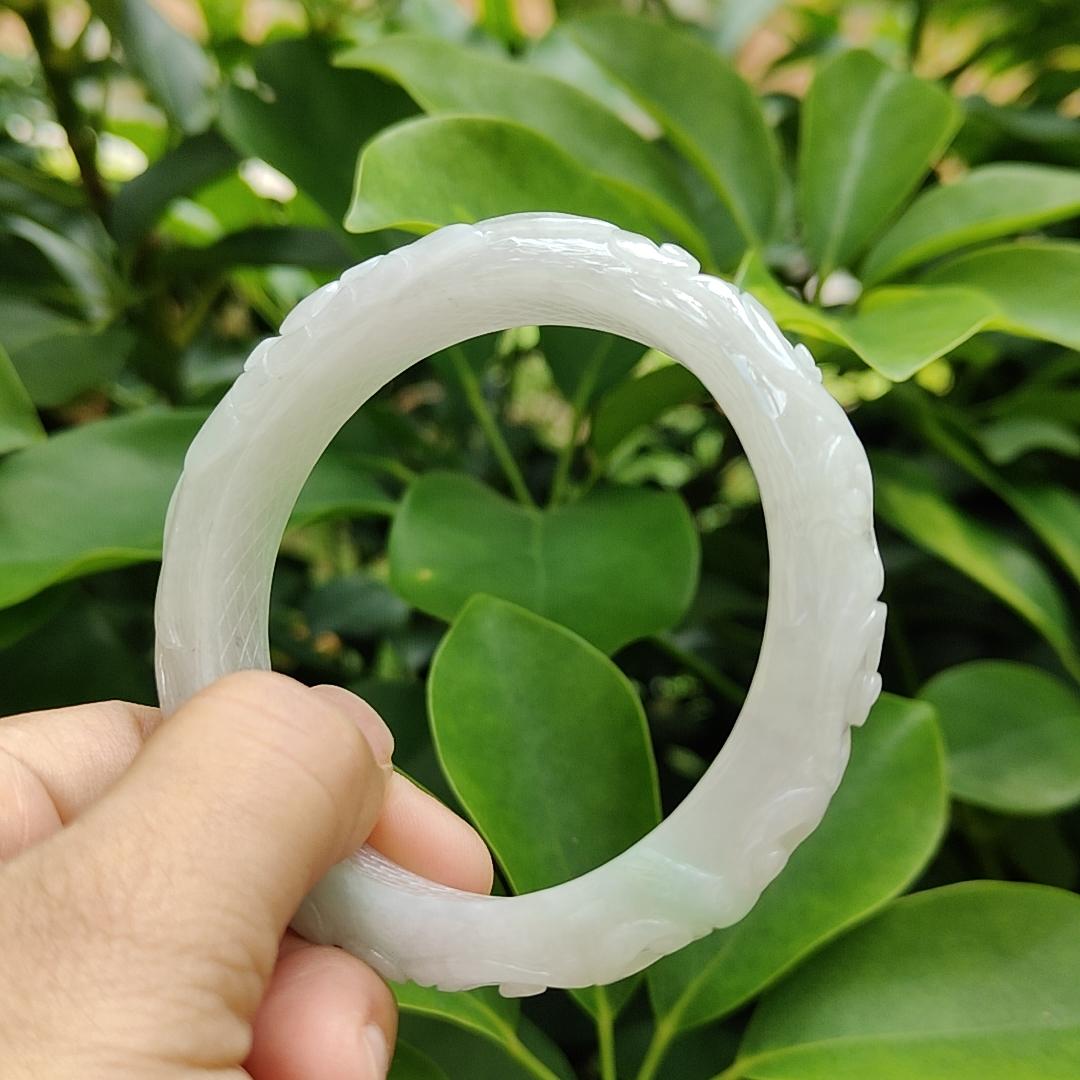 Type A Natural Jadeite Jade - Light Lavender Light Green Peace Bangle crafted with Patterns of Flowers, certificate weighs 54.67 grams, Wrist Size 56.6mm, Width 11.7 and Thickness 9mm (bangle11) Yi Pin Qian Jadeites Jade Jewelry ~Your Precious Quintessential ~ Singapore