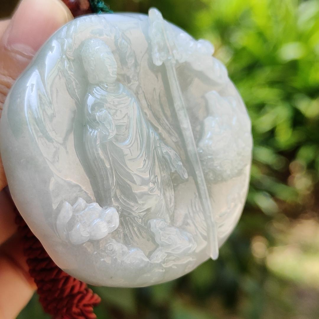 High Quality Light Green Hue Natural Type A Jadeite Jade crafted with Ksitigarbha Bodhisattva as Pendant, certificate weighs 70.75 grams, measurement 54.6 * 54.6 * 12.6 mm (pendant232) Yi Pin Qian