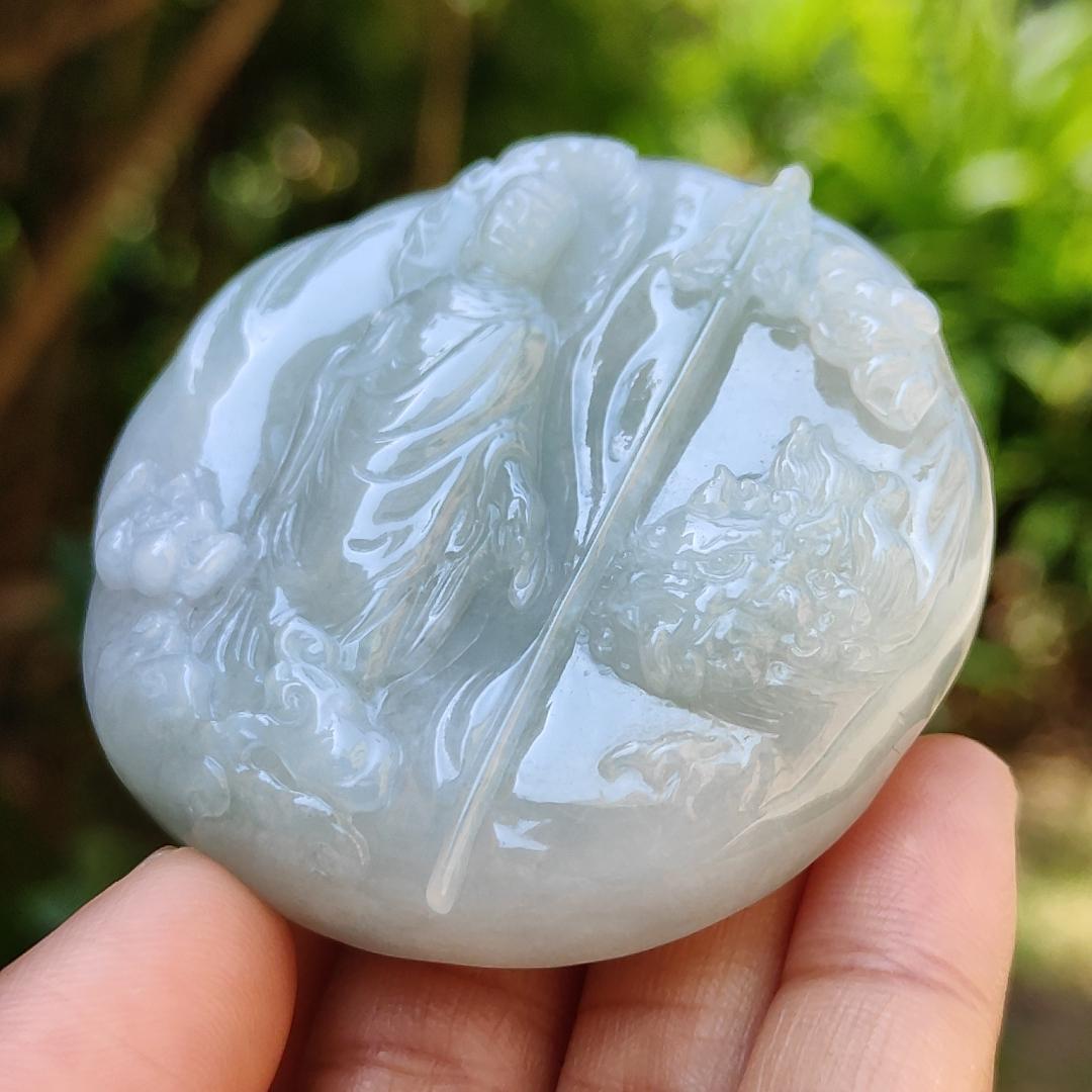 High Quality Light Green Hue Natural Type A Jadeite Jade crafted with Ksitigarbha Bodhisattva as Pendant, certificate weighs 70.75 grams, measurement 54.6 * 54.6 * 12.6 mm (pendant232) Yi Pin Qian
