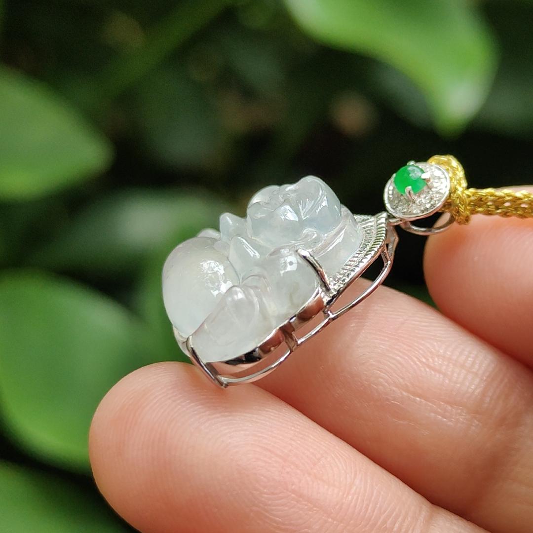 Crafted as Milo Buddha on High-Quality Icy Translucent Natural Type-A Jadeite-Jade set on 18k Gold as Pendant, certificate weighs 3.85 grams, measurement 21.8 * 19.9 * 8.2 grams (18kp65) Yi Pin Qian Jadeites Jade Jewelry ~Your Precious Quintessential ~ Singapore