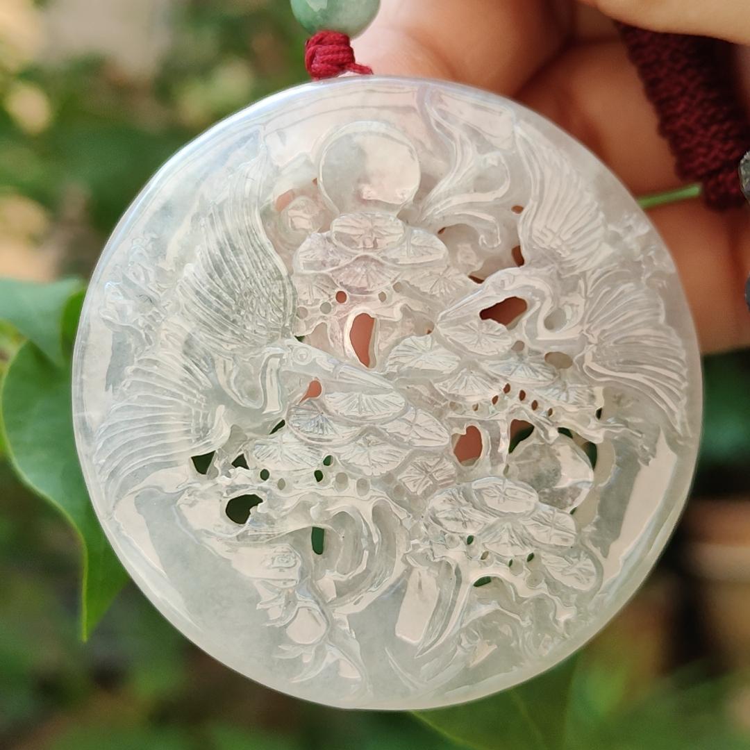 Highly Translucent Icy Natural Type A Jadeite Pendant Carved with Cranes, Pine Trees and Bamboo meaning Endurance, Perseverance and Never fading with Longevity, certificate included weighs 28.38 grams, 52.5 * 52.5 * 6.1 mm, for collection (pendant90) Yi Pin Qian