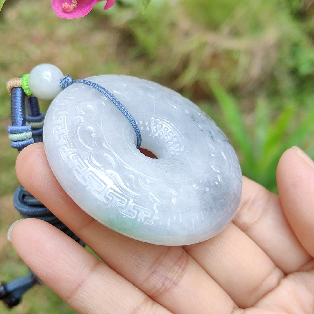 Hugh Natural Type A Jadeite Pendant Crafted as Dounut with beautiful archaize style with floating green and some wuji with Purple Hue, QIC Labs approved cert weigh 71.13 grams, 54.3 * 54.3 * 12.2 mm, symbols of Everything is going well (pendant64) Yi Pin Qian