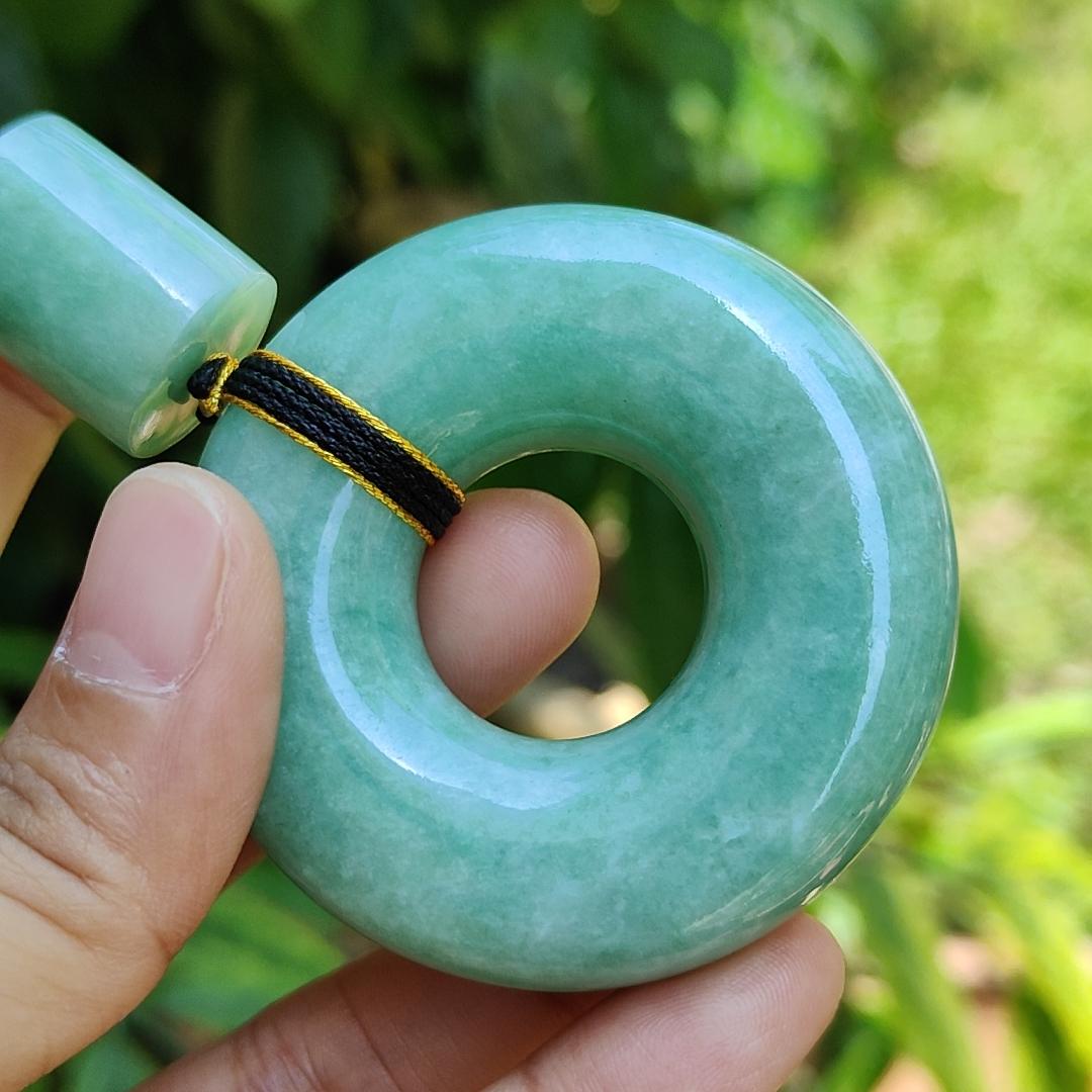 Hugh Light Green crafted with Shape of Donut and Cylinder Natural Type A Jadeite Jade as Pendant, certificate weighs 73.85 and 12.55 grams, measurements 52.8 * 52.7 * 14.3, 19.1 * 16.3 mm (pendant290) Yi Pin Qian