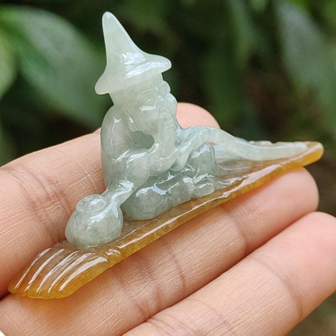 Light Green with Yellow Natural Type A Jadeite Jade crafted with Old Men Fishing as Display, certificate weighs 17.06 grams, measurement 65.2 * 32.8 * 12 (display1) Yi Pin Qian