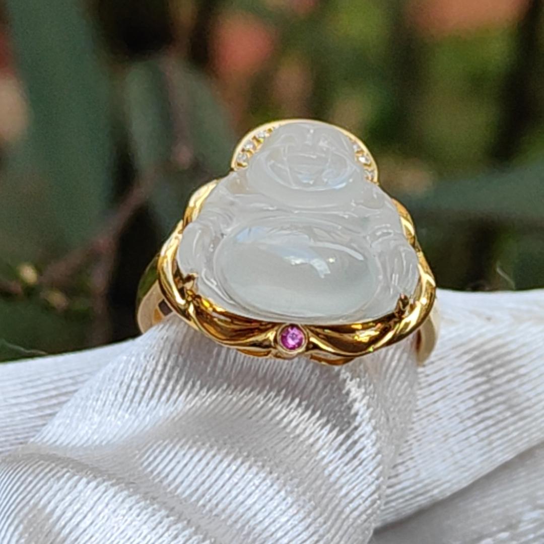 Premium Rare old pit Icy Natural Type A Jadeite Cabochon crafted as Laughing Buddha setting on G18K Gold as Ring with finger size 17.6mm, Certificate included weigh 3.23 grams, Jade measurement 12.8 * 14.8 * 4.1 mm (18kring5) Yi Pin Qian