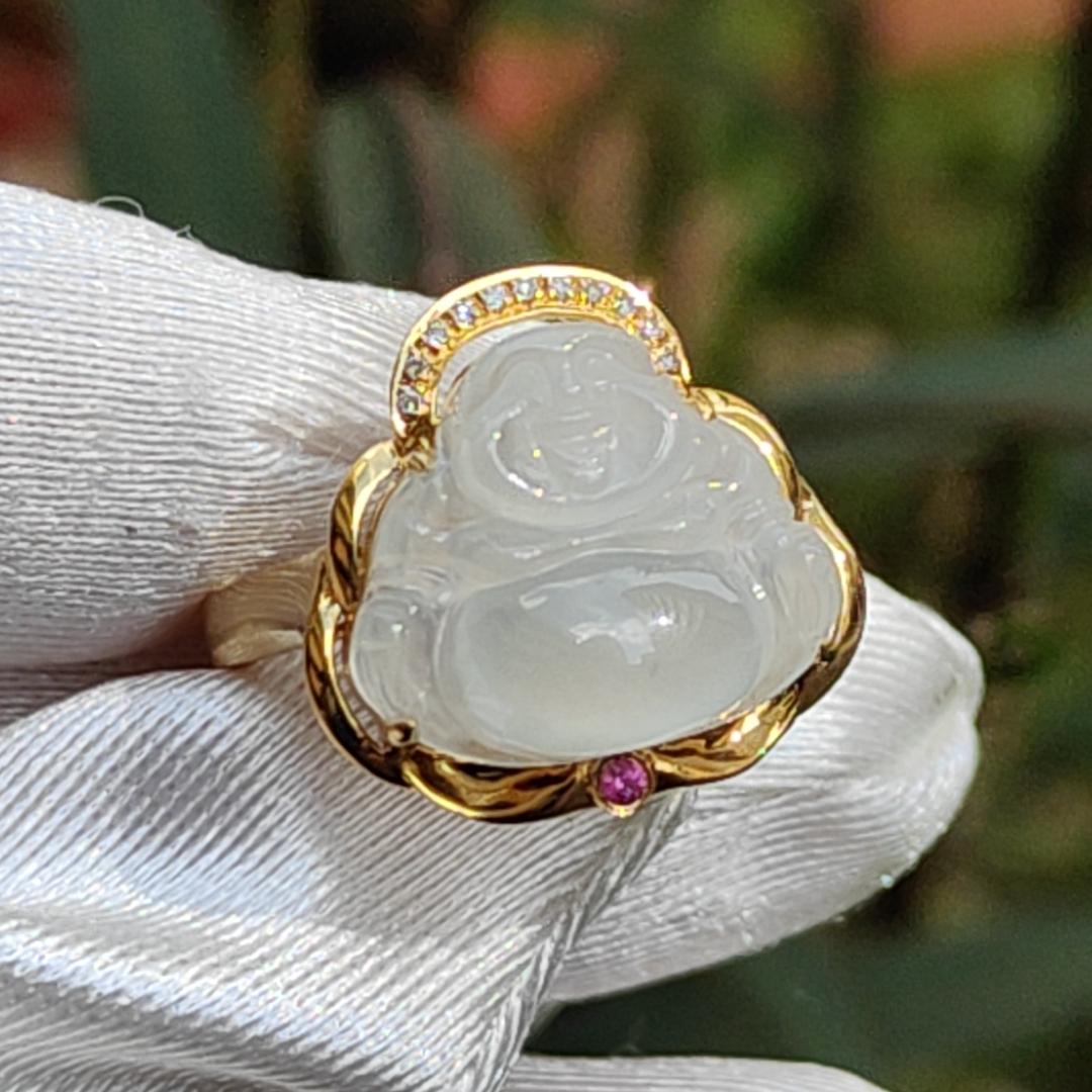 Premium Rare old pit Icy Natural Type A Jadeite Cabochon crafted as Laughing Buddha setting on G18K Gold as Ring with finger size 17.6mm, Certificate included weigh 3.23 grams, Jade measurement 12.8 * 14.8 * 4.1 mm (18kring5) Yi Pin Qian