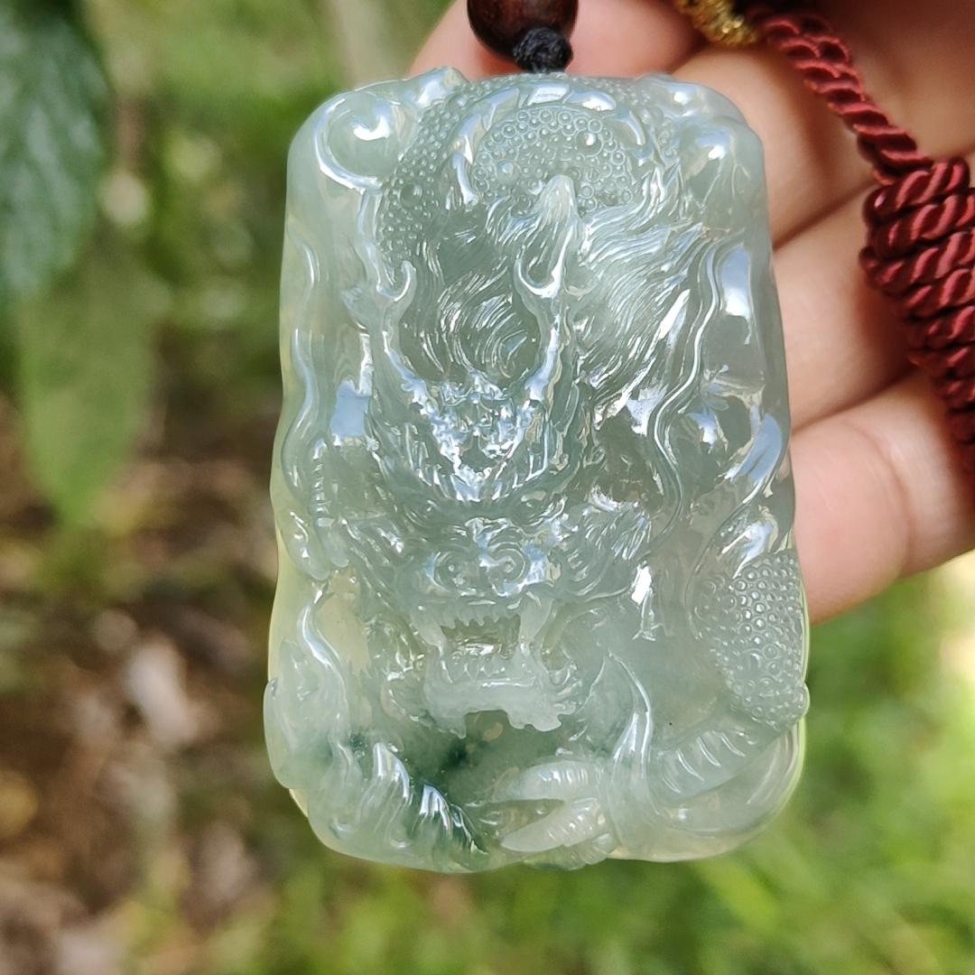 Premium Full Green with Green patches Rare Natural Type A Jadeite Jade Pendant Necklace Crafted as Dragon with certificate weigh 40.07 grams, 53.6 * 36 * 12.3 mm (pendant168) Yi Pin Qian