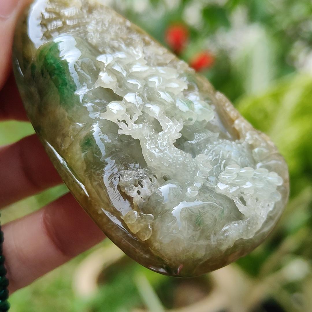 Hugh, Rare, High-Quality Brown with Light Green Natural Type A Jadeite Jade crafted with Sceneries as Pendant, certificate weighs 67.2 * 43.3 * 19.3 mm (pendant266) Yi Pin Qian