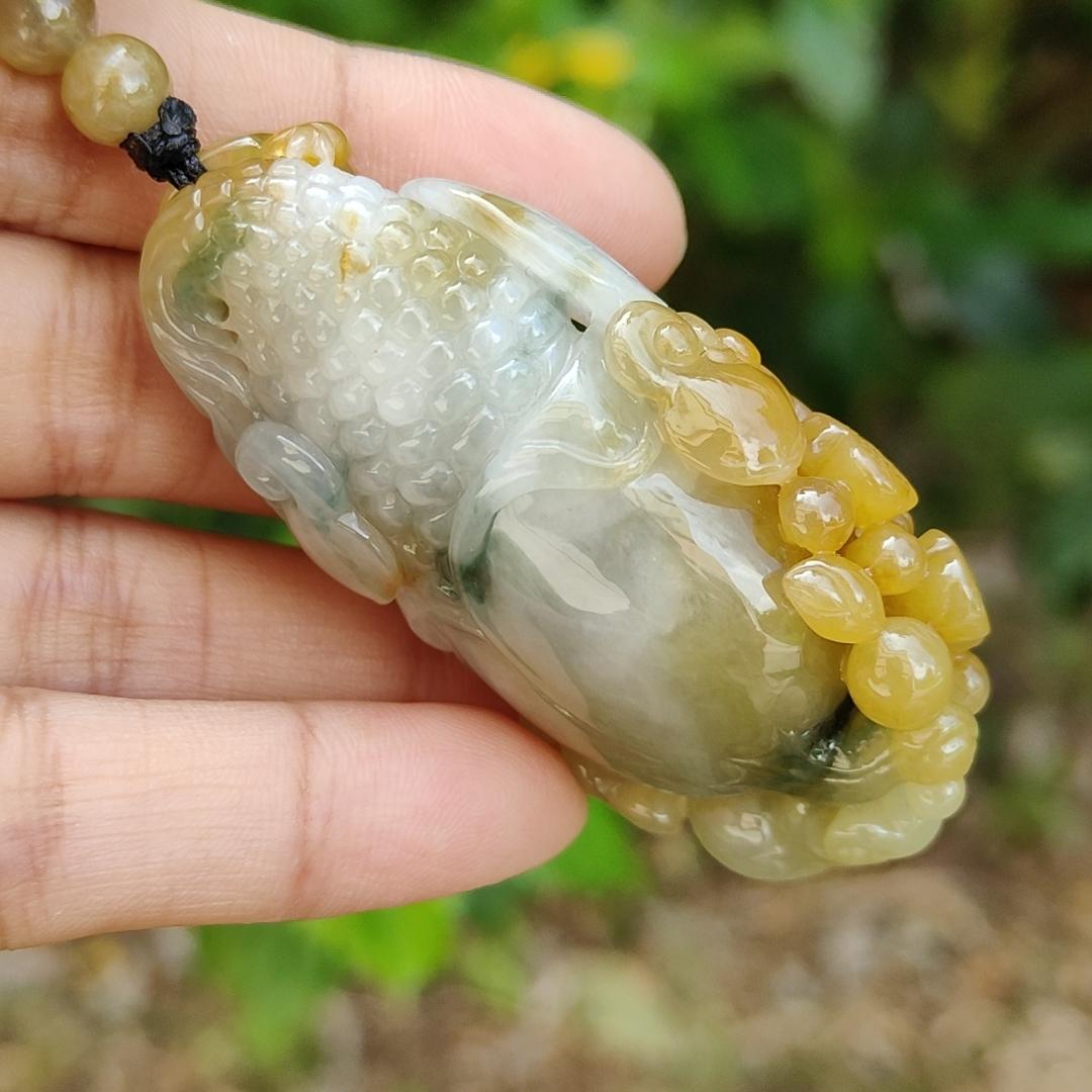 Super Rare Green and Brown Natural Type A Jadeite Pendant carved as Corn with butterfly, frog, ruyi and gourd on it, come with certificate weight 51.60 grams, 59.20 * 31.80 * 21.70 meaning Beautiful, rich, safe, prosperous, for daily wear (pendant106) Yi Pin Qian