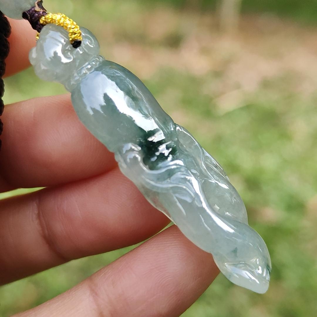 High Quality Light Green with Green Natural Type A Jadeite Jade crafted with shape of Ginseng as Pendant, certificate weighs 7.63 grams, measurement 48.2 * 12.7 * 7.1 mm (pendant277) Yi Pin Qian