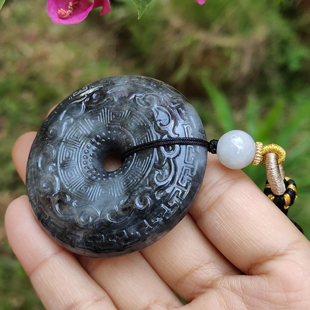 Hugh archaize style Black Natural Type A Jadeite Pendant crafted as Donut, symbols of Attract wealth , certificate included weigh 62.62 grams, 51 * 51 * 12.6 mm, suitable for daily wear (pendant63) Yi Pin Qian