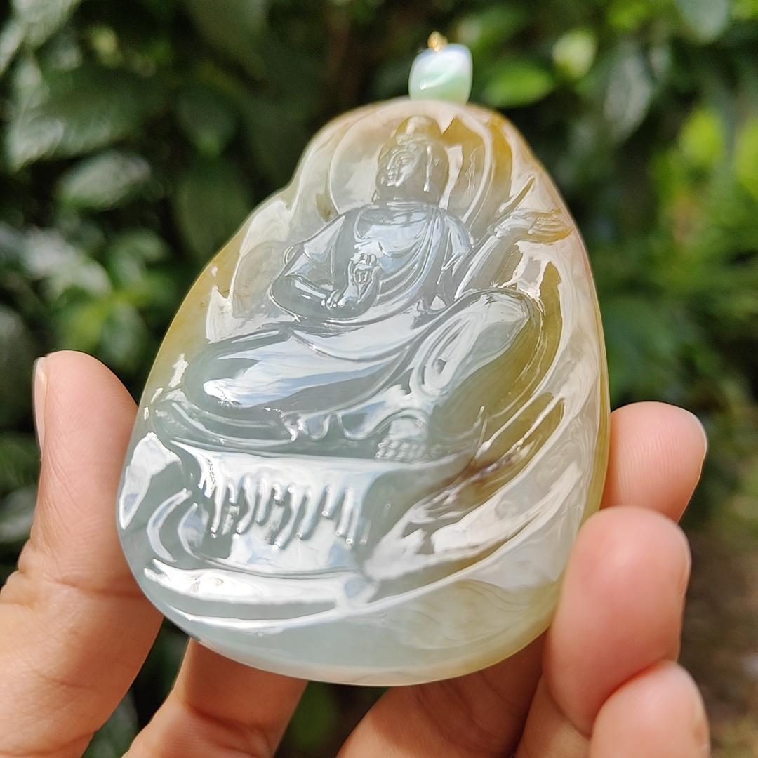 Hugh High Quality Light Green, Yellow Brown and Red Natural Type A Jadeite Jade crafted as Guanyin for Pendant, certificate weighs 79.47 grams, measurement 83.3 * 52.6 * 8.5 mm (pendant282) Yi Pin Qian