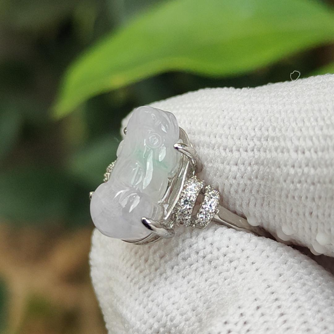 Crafted as Pixiu on Lavender with Green Natural Type A Jadeite Jade set on S925 as adjustable Ring certificate weighs 2.65 grams, measurement 14 * 6.7 * 5.4 mm (s925ring28) Yi Pin Qian Jadeites Jade Jewelry ~Your Precious Quintessential ~ Singapore