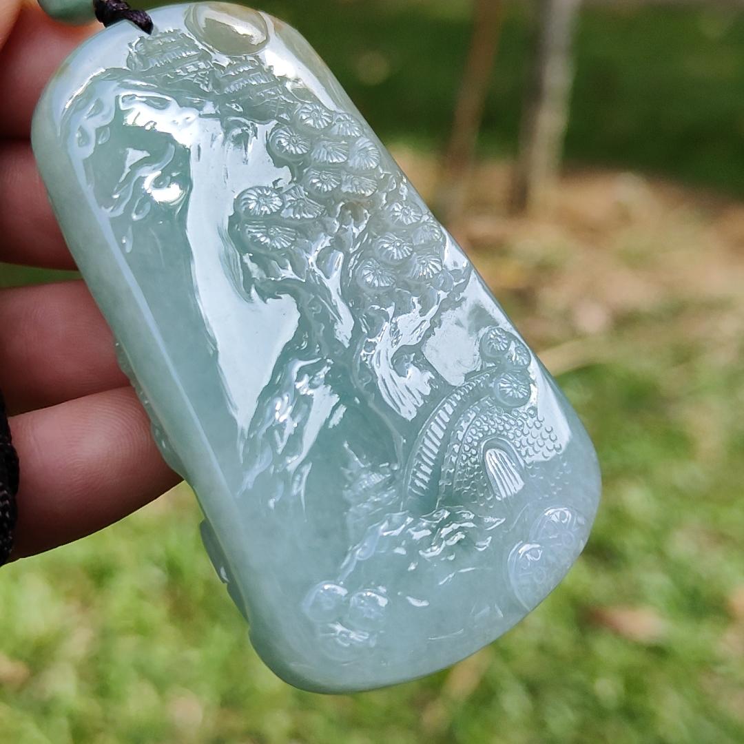 High Quality Light Green with Yellow Natural Type A Jadeite Jade crafted with sceneries as Pendant, certificate weighs 78.02 grams, measurement 66.1 * 40.5 * 13.3 mm (pendant280) Yi Pin Qian