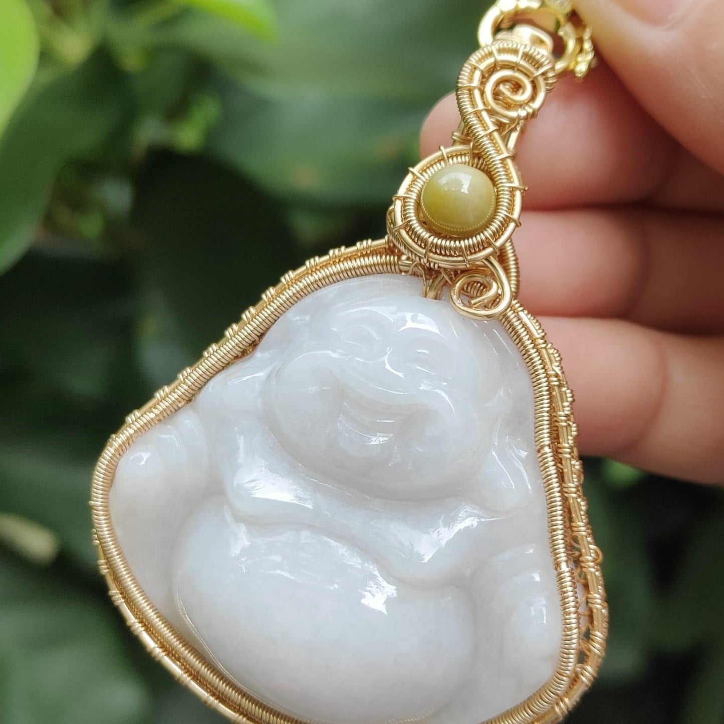 DIY GF14k Hand Wrapping on Natural Type A Jadeite Jade Laughing Milo Buddha Pendant certificate weighs 29.97, measurement 65.2 * 46.3 * 12.6 mm (pendant392) Yi Pin Qian Jadeites Jade Jewelry ~Your Precious Quintessential ~ Singapore