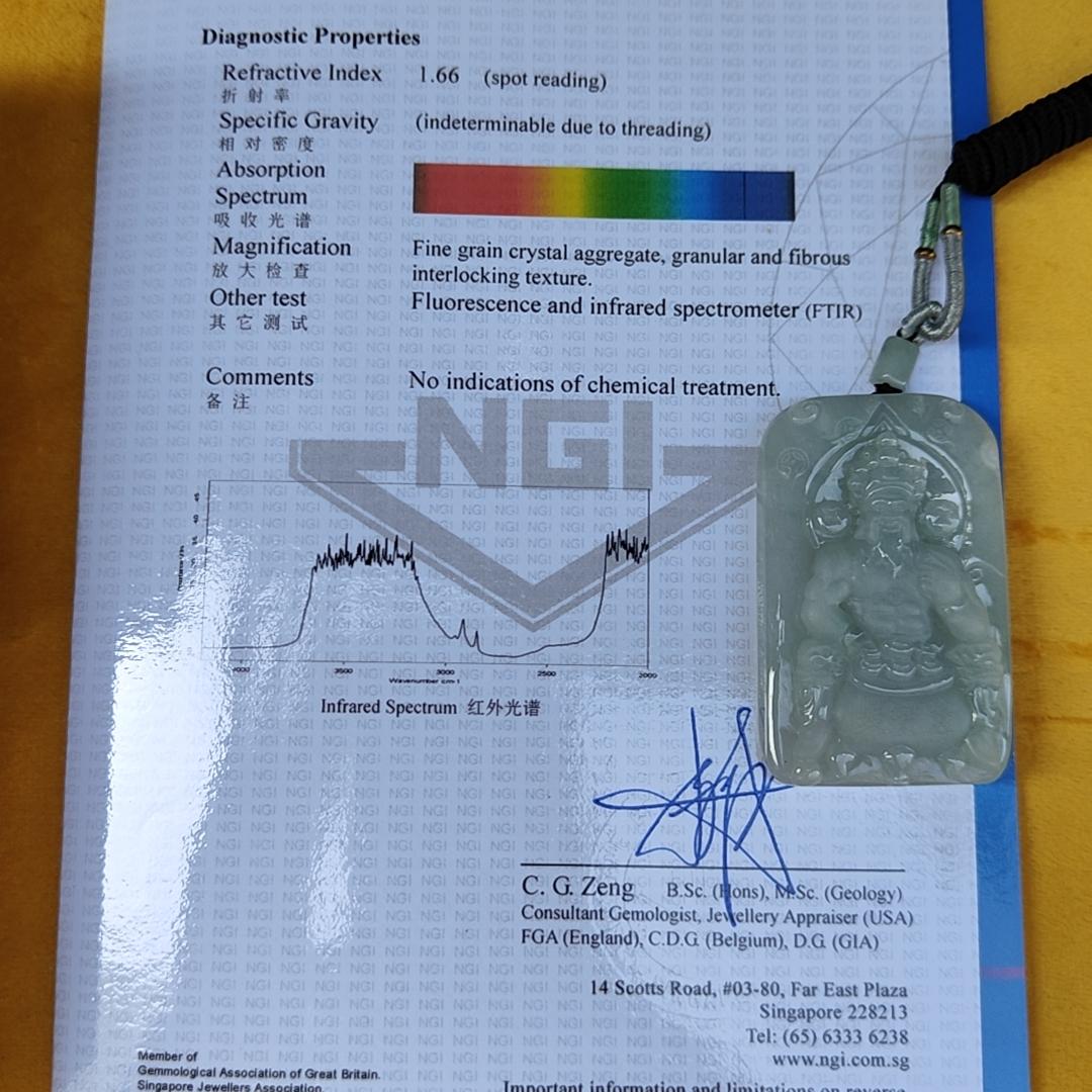 Fortune God with Heng Ong Huat Type A Natural Jadeite Jewelry Pendant with NGI Gemstone report pendant weight 56.18 gram , 59.45 * 37.1 * 10.26 mm - Translucent faint greenish blue (pendant141) Yi Pin Qian