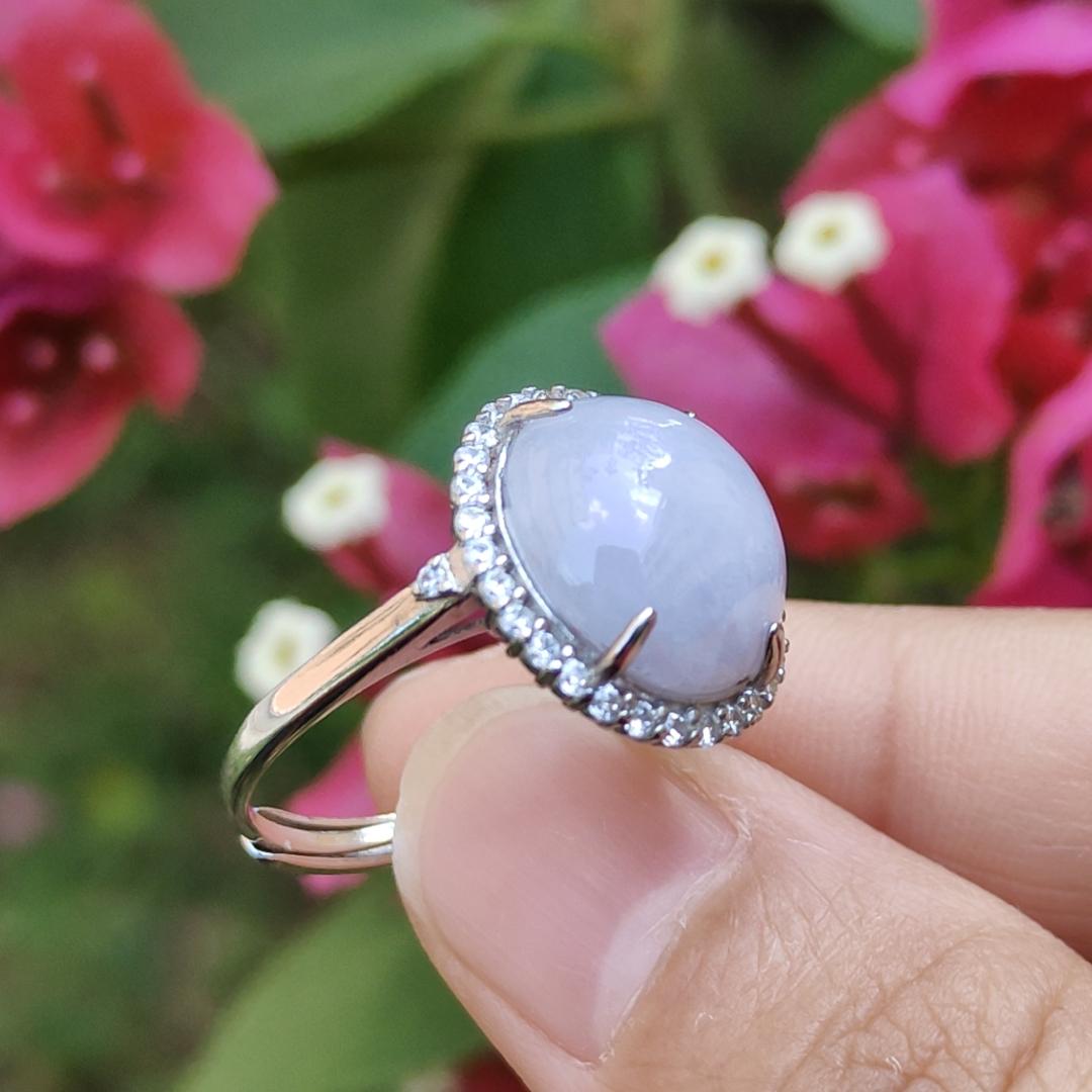 Lavender Cabochon set on S925 Silver adjustable ring Natural Type A Jadeite with QIC Labs approved certificate included weigh 3.99 grams, 13.8 * 12.3 * 5.7 mm suitable for all occasions (s925ring1) Yi Pin Qian