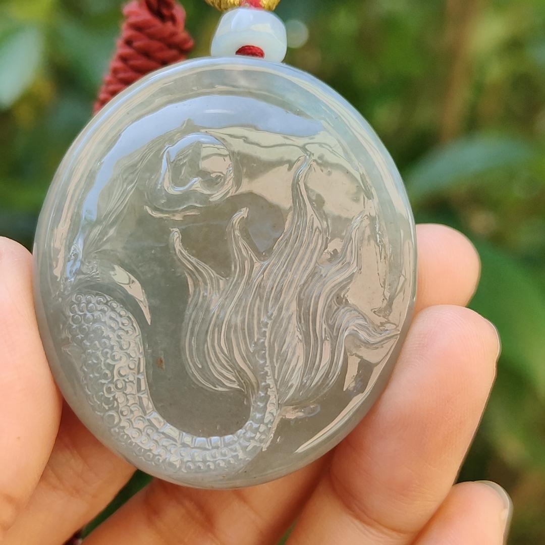 Light green with Brown fine quality Natural Type A Jadeite Pendant carved with dragon meaning wisdom, Auspiciousness, strength and independence with certificate weigh 41.21 grams, 46 * 40.60 * 10.80 mm, very suitable for daily wear (pendant91) Yi Pin Qian