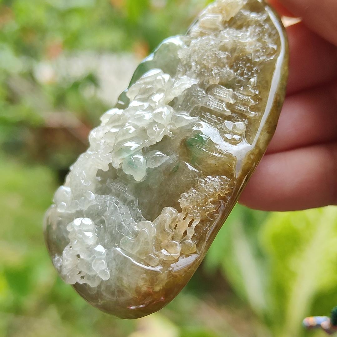 Hugh, Rare, High-Quality Brown with Light Green Natural Type A Jadeite Jade crafted with Sceneries as Pendant, certificate weighs 67.2 * 43.3 * 19.3 mm (pendant266) Yi Pin Qian