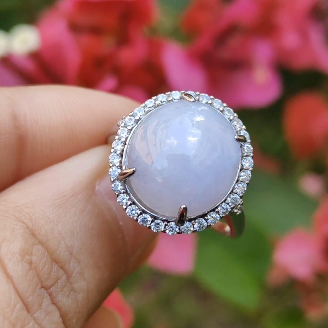 Lavender Cabochon set on S925 Silver adjustable ring Natural Type A Jadeite with QIC Labs approved certificate included weigh 3.99 grams, 13.8 * 12.3 * 5.7 mm suitable for all occasions (s925ring1) Yi Pin Qian