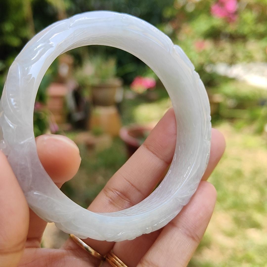 Light Lavender Natural Type A Jadeite Jade crafted with Pattern of Flowers with shape of Peace Bangle Bracelet , certificate weigh 60.82 grams, measurement 14 * 8.6 mm, Bangle Wrist Size: 56.5 mm (bangle6) Yi Pin Qian